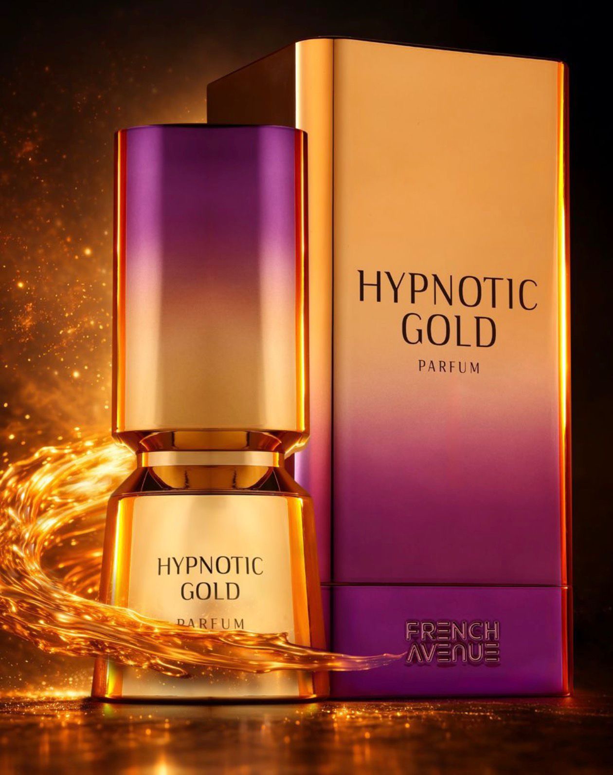 ARABSKI PERFUM HYPNOTIC GOLD FRENCH AVENUE- Waty Cukrowej, Szafran, Czarny Pieprz i Rozmaryn; Irys, Miód, Cynamon, Jaśmin, Frezja i Róża; Wanilia, Fava Tonka, Storax, Cashmeran, Olej z Cypriol lub Nagarmotha i Piżmo.