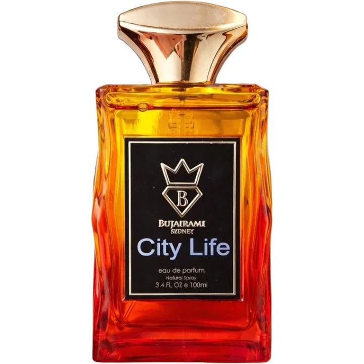 BUJAIRAMI CITY LIFE EDP 100ML-gemello di "la capitale"-Fragola, caramello, pesca e labdano,cuoio, zafferano, ambra, zenzero e rosa,vaniglia Bourbon e resina di benzoino