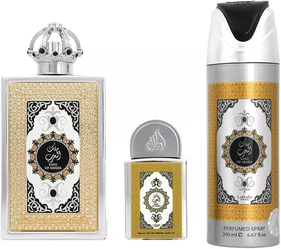GIFT SET LATTAFA KING OF ARABIA 3 PEZZI-Lampone e Bergamotto; Legno di Cedro, Iris e Osmanto; Cuoio, Patchouli e Vaniglia.