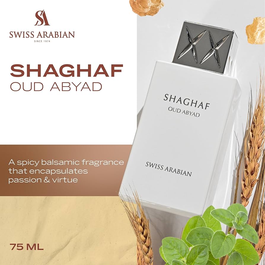PROFUMO ARABO SHAGHAF OUD ABYAD- Origano, Semi di Pimento e Bergamotto; Mirra, Opoponax, Olibano, Ambra e Agrumi; Fumo, Legno di Agar (Oud), Cuoio, Sandalo e Patchouli.