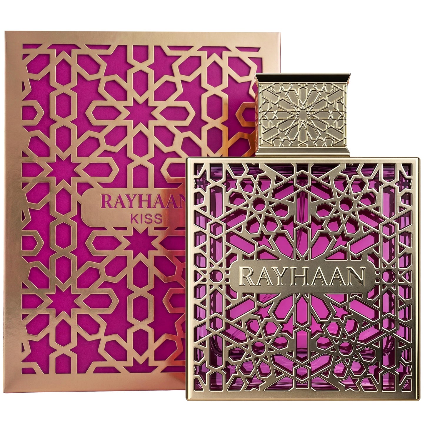 Rayhaan Kiss EDP 100ML - Truskawka, Malina, Kokos i Pralina; Kwiat pomarańczy, Mleko skondensowane, Karmel i Białe kwiaty; Drzewo sandałowe, Wanilia, Fava Tonka i Piżmo.