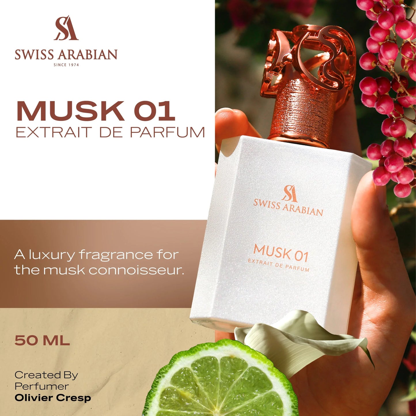 PROFUMO ARABO MUSK 01 SWISS ARABIAN-Bergamotto, Pepe Rosa e Elemi;Fiore d'Arancio, Giglio e Muschio; Muschio, Sandalo, Vaniglia e Fava Tonka.