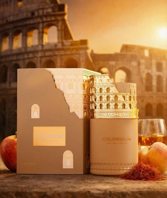 ARABSKI PERFUM COLOSSEUM FRAGRANCE WORLD- Rum, Szafran, Brzoskwinia i Jabłko; Paczuli, Wetiver i Jaśmin; Ambra, Sandał, Wanilia i Fava Tonka.