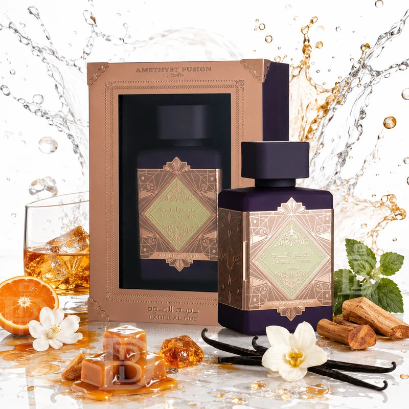 NEW BADEE AMETHYST FUSION 100ML-Amaretto, Rum e Mandarino;Ambra, Patchouli e Caramello;Vaniglia, Sandalo e Benzoino.
