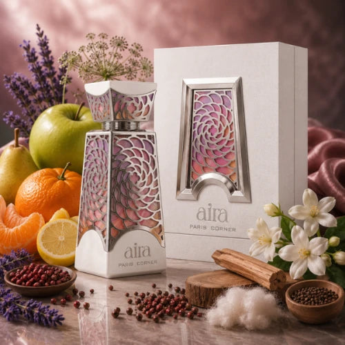 AIRA PARIS CORNER-Angelica, Mandarino, Pepe Rosa, Mela Verde, Ananas, Lavanda, Limone e Pera;Gelsomino;Semi di Ambretta (Malva Muschiata), Muschio, Sandalo e Legno di Cedro.