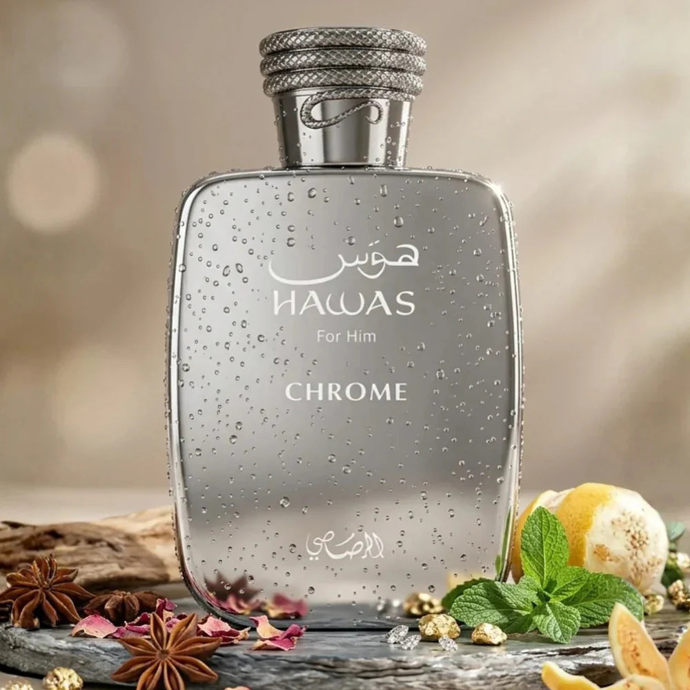 HAWAS CHROME RASASI 100ML-Arancia, Mango, Frutto della Passione, Pesca, Frutti d'acqua, ambra, vaniglia, muschio.
