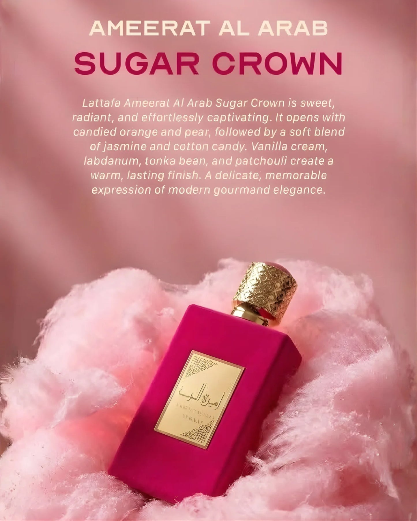 ARABSKI PERFUM SUGAR CROWN AMEERAT AL ARAB Gorzkie Pomarańcze, Cytryna i Kandyzowane Owoce; Imbir, Róża Bułgarska, Kwiat Brzoskwini, Borówka, Brzoskwinia, Guma do Żucia i Cynamon; Ambroxan, Drewno Cedrowe i Piżmo.