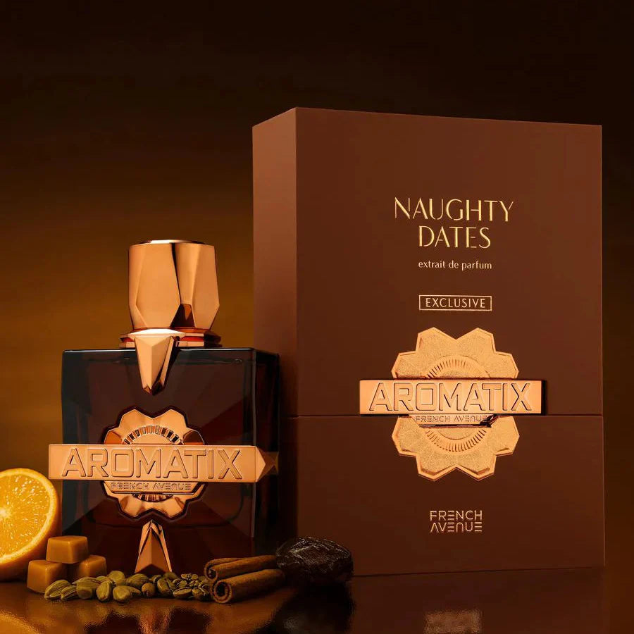 ARABSKI PERFUM AROMATIX NAUGHTY DATES FRENCH AVENUE bergamotka, mandarynka, kardamon, daktyle, miód, drewno ebonowe, kawa, orzech laskowy i cynamon, wanilia, karmel, sandałowiec i ambra