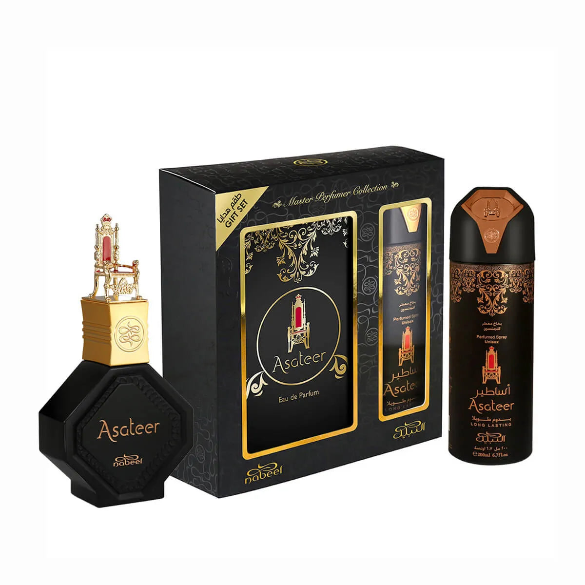 Zestaw prezentowy Nabeel Asateer 100ml + spray dezodorantowy - Szafran, Mandarynka, Skóra, Cytrusy, Neroli, Cashmeran, Pamplewood, Oud, Róża piwonia, Litchi, Magnolia, Kwiaty pomarańczy, Papiro, Ambra, Piżmo.