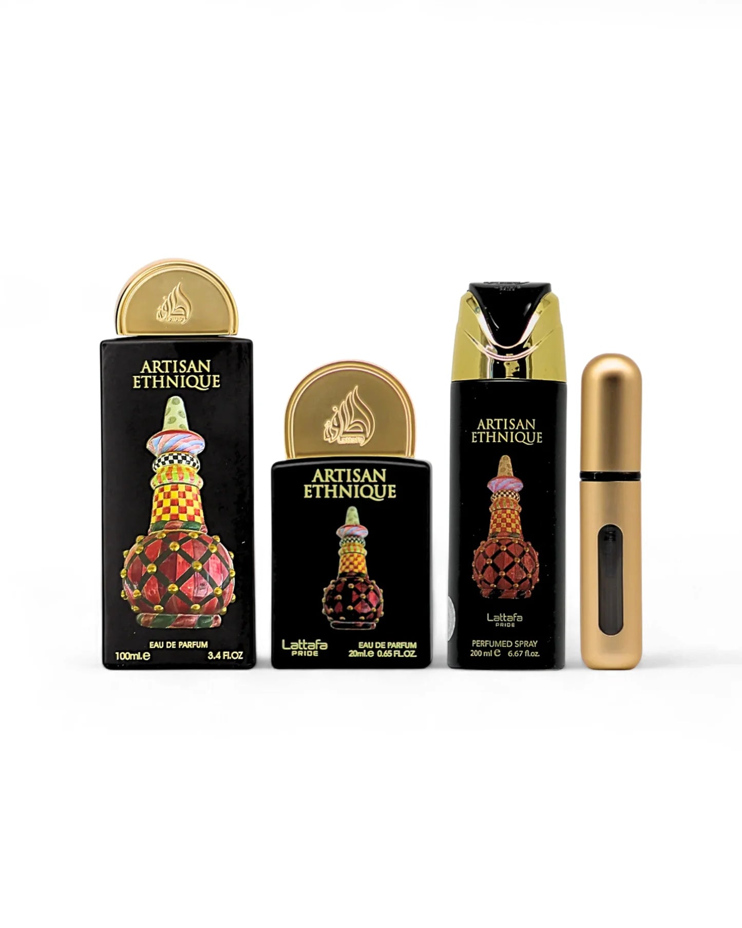GIFTSET LATTAFA ARTISAN ETNIQUE-Rum, Cannella e Zucchero; le note di cuore sono Caramello, Cacao, Caffè e Muschio di Quercia; le note di base sono Vaniglia, Fava Tonka, Legno di Cashmere e Labdano.