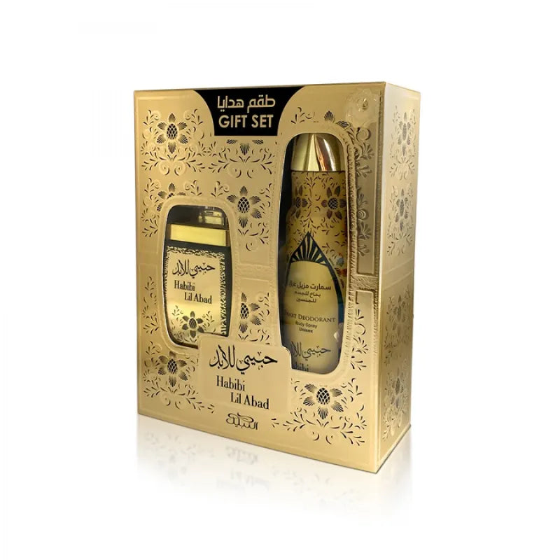 Nabeel Habibi Lil Abad ZESTAW PREZENTOWY Perfumy 100ml i Deo spray 200ml - Cytryna, Pomarańcza, Jaśmin, Róża, Paczula, Drewno Sandałowe, Wanilia, Białe Piżmo