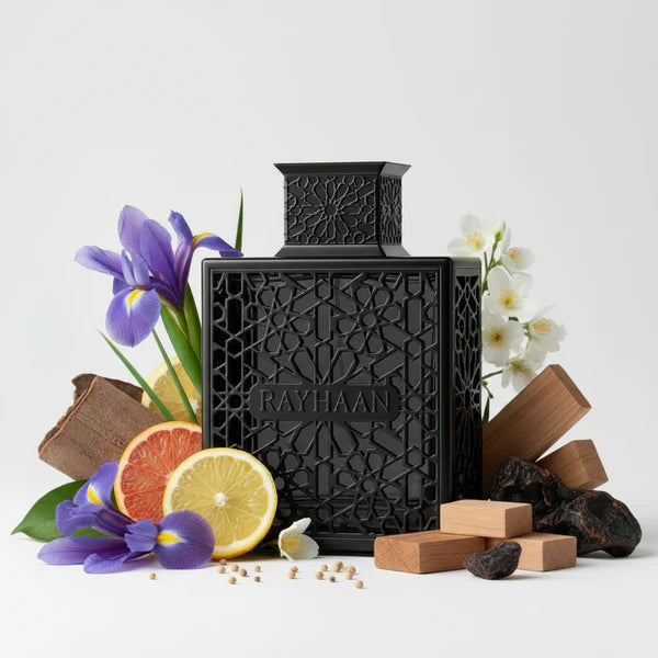 ARABSKI PERFUM OBSIDIAN RAYHAAN Irys i Cytrusy; Skóra; Malwa Piżmowa, Drewno Cedrowe, Sandalowiec i Drewno Agarowe (Oud).