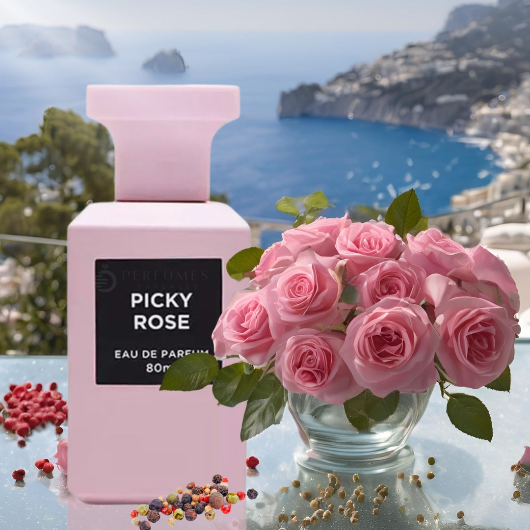 ARABSKI PERFUM PICKY ROSE FRAGRANCE WORLD - Kurkuma i Pieprz Syczuański; Róża Bułgarska, Róża Turecka i Róża Majowa; Paczuli i Fava Tonka.