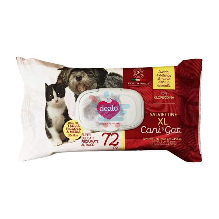 Toallitas Dealo 72 Unidades XL para perros y gatos 28x18cm perfumadas con talco