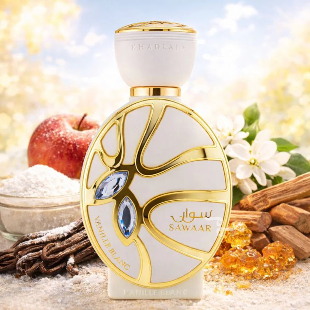 ARABSKI PERFUM SAWAAR VANILLE BLANC KHADLAJ - Wanilia, Cukier Pudrowy i Jabłko; Drewno Kaszmirowe, Ambra i Białe Kwiaty; Wanilia, Sandalowiec i Benzoes.