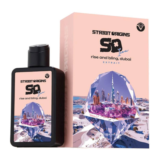 RISE AND BLING DUBAI STREET ORIGINS EXTRAIT 75ML-Note Verdi, Ribes Nero e Pesca;Rosa Turca, Rosa di Maggio, Rosa e Iris;Pepe, Muschio Bianco, Foglia di Violetta, Radice di Iris e Cedro.