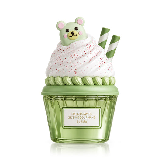 MATCHA SWIRL GIVE ME GOURMAND LATTAFA-Fragola;Torta al Matcha, Fava Tonka e Sciroppo di Zucchero;Panna, Vaniglia, Cioccolato Bianco e Ambroxan.