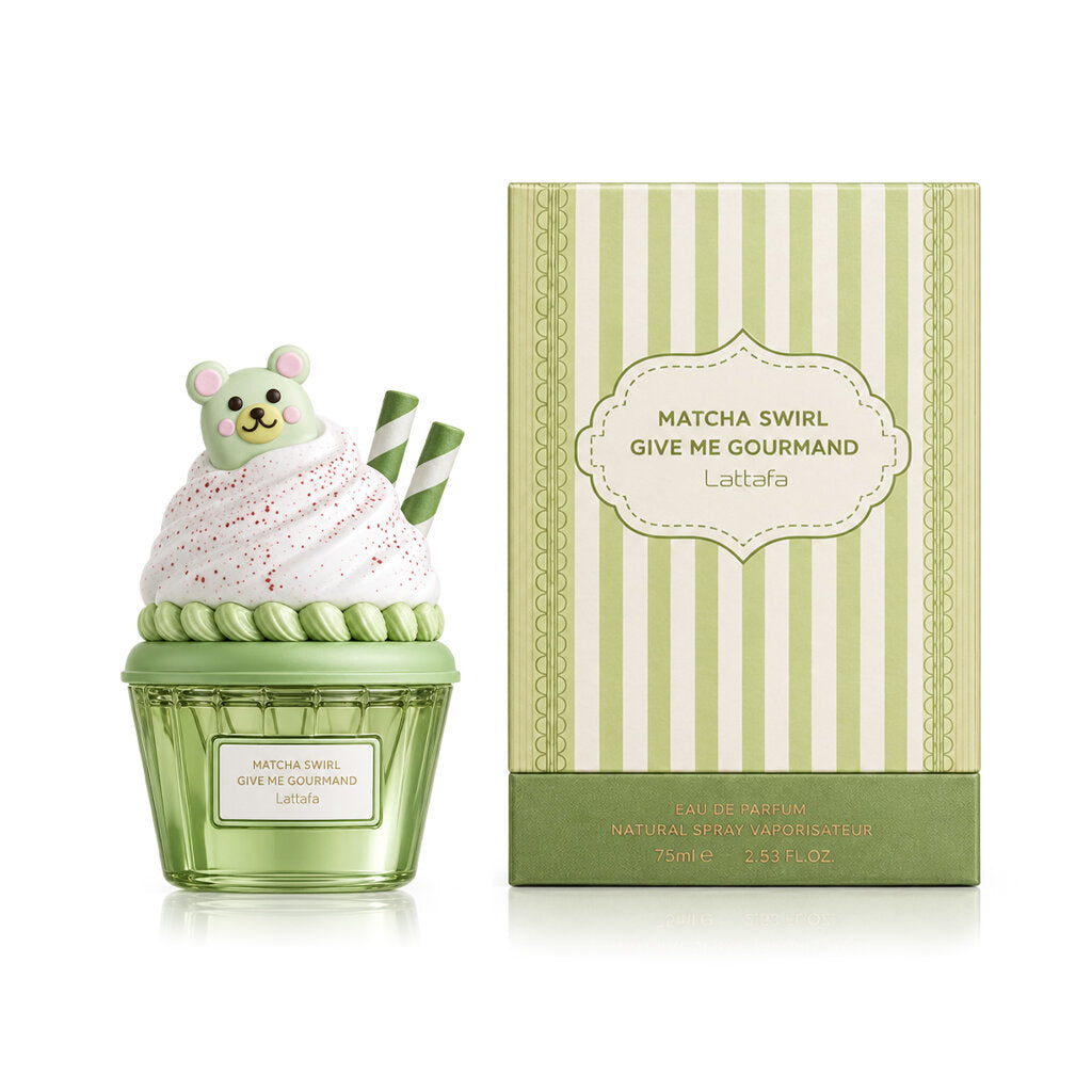 MATCHA SWIRL GIVE ME GOURMAND LATTAFA-Fragola;Torta al Matcha, Fava Tonka e Sciroppo di Zucchero;Panna, Vaniglia, Cioccolato Bianco e Ambroxan.