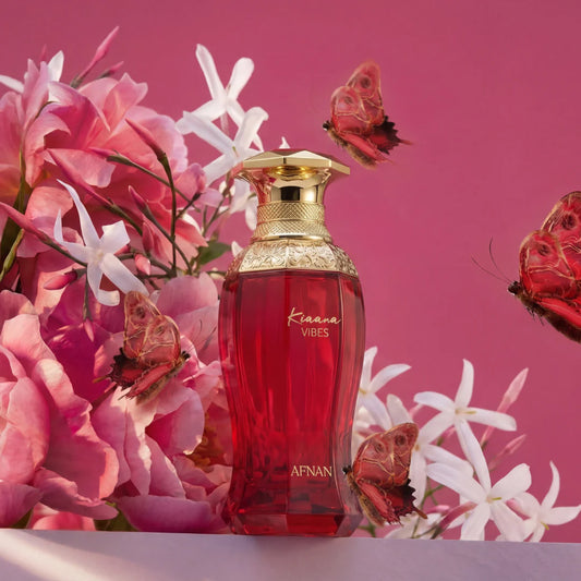 KIAANA VIBES AFNAN 100ML-Pitahaya e Pera;Frangipane, Peonia e Muschio;Patchouli, Vaniglia e Ambra.
