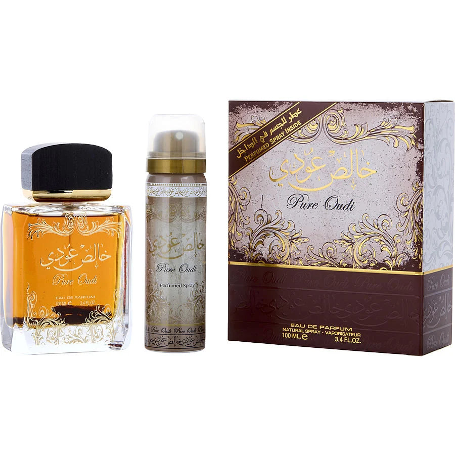 LATTAFA PURE OUDI KIT EDP 100ML + SPRAY CORPO-Legno di Agar (Oud), Cannella e Noce Moscata;Sandalo;Ambra, Legno di Guaiaco, Vaniglia, Muschio e Legno di Cedro.