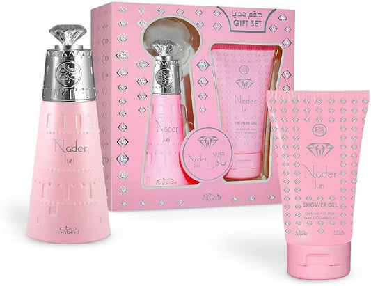 NABEEL GIFTSET NADER JURI 100ML+ SHOWERGEL- Rabarbaro, Litchi, Bergamotto  Note di cuore: Rosa, Peonia,Cachmeran, Legno di Cedro, Muschio