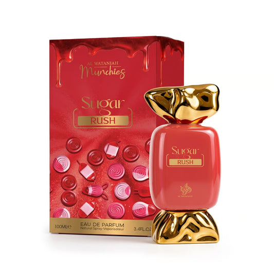 SUGAR RUSH AL WATANIAH-Lampone, Ciliegia e Pera; Patchouli, Cannella e Gelsomino;Gomma da Masticare, Fava Tonka, Vaniglia, Toffee e Muschio.