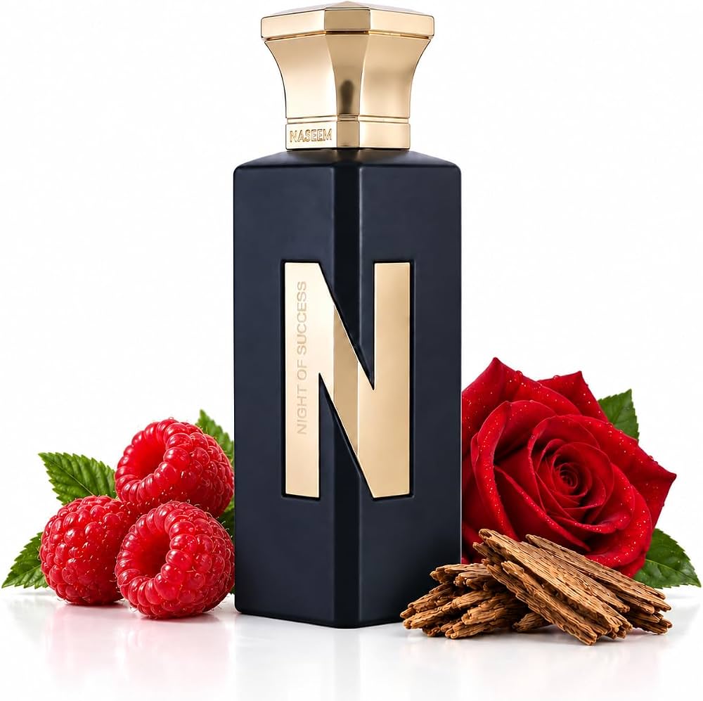 Naseem night of success Aqua Parfum 75ml - Alcohol-Free Note Speziate, Lampone e Prugna;Cuoio, Rosa e Gelsomino;Legno di Agar, Vetiver, Legno di Cedro, Ambra e Muschio.