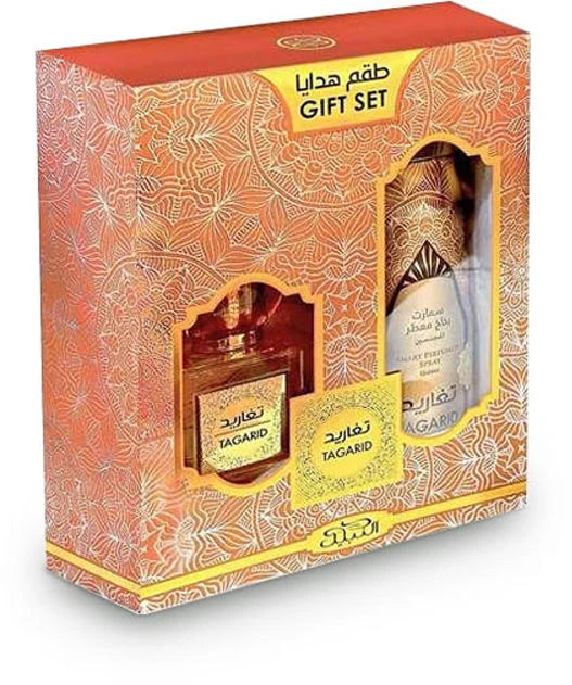 Nabeel tagarid giftset Profumo 100ml+Deo spray-Prugna, Arancia, Note fresche aldeidate, Neroli, Fiori d’arancio, Bergamotto,Gelsomino, Sandalo, Zafferano, Fiori bianchi,Vaniglia, Fava Tonka, Cocco, Benzoino, Note agrumate.
