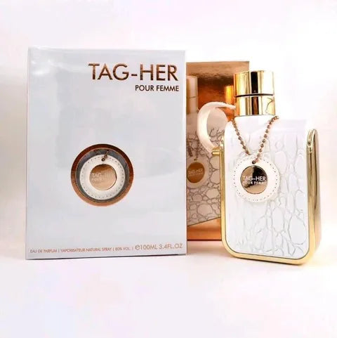 PROFUMO ARABO TAG HER ARMAF POUR FEMME Bergamotto, Neroli e Pepe Rosa; Fiore d'Arancio, Gelsomino, Rosa, Caprifoglio e Iris; Vaniglia, Muschio, Caramello e Labdano.