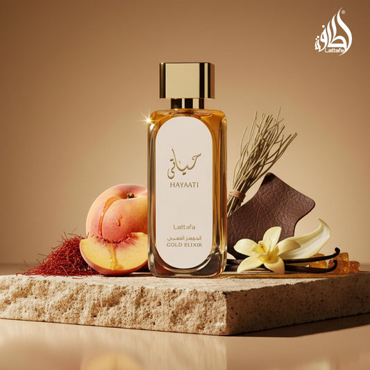 HAYAATI GOLD ELIXIR -CODE- Bergamotto, Pompelmo e Ribes Nero;  Cuoio, Pesca e Zafferano;  Vaniglia, Ambra, Muschio e Vetiv