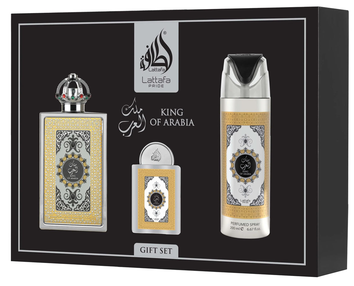 GIFT SET LATTAFA KING OF ARABIA 3 PEZZI-Lampone e Bergamotto; Legno di Cedro, Iris e Osmanto; Cuoio, Patchouli e Vaniglia.