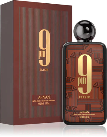PERFUME ÁRABE 9PM ELIXIR-Cardamomo, Nuez Moscada y Elemí; Pimienta de Jamaica, Cuero y Lavanda; Vainilla, Pachulí, Ládano y Heliotropo.