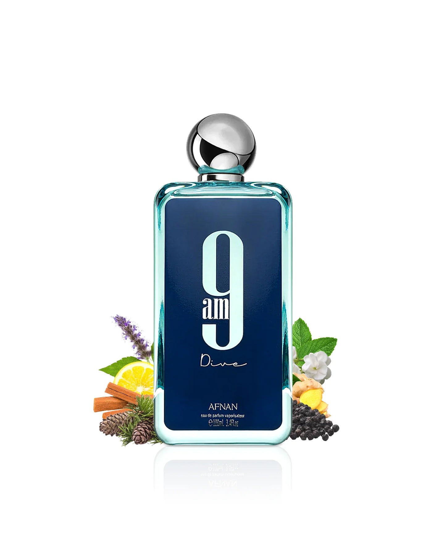 9 AM DIVE AFNAN EDP 100ML-Limone, Menta, Ribes Nero e Pepe Rosa; Mela, Legno di Cedro e Incenso; Zenzero, Sandalo, Patchouli e Gelsomino.