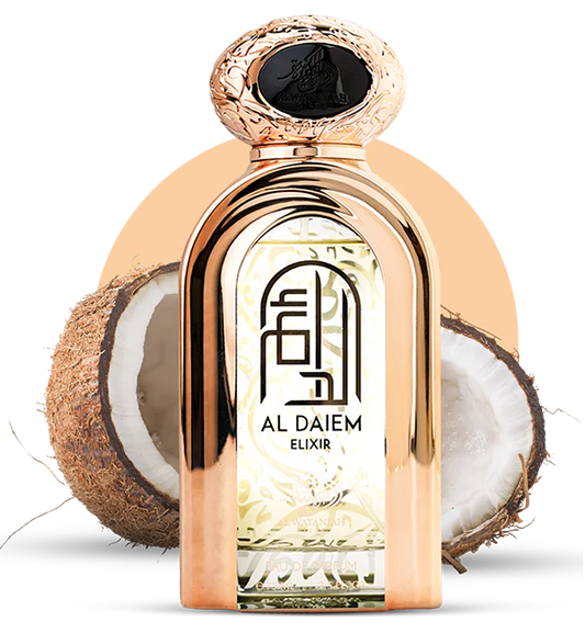 AL WATANIAH AL DAIEM ELIXIR EDP 75ML-Prugna Mirabella, Cocomero, Cocco e Bergamotto;Fiore d'Arancio, Castagna, Legno di Cedro e Ambra;Fava Tonka, Sandalo, Patchouli e Muschio