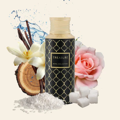 MAISON ASRAR TREASURE EDP 100ML-Sól, Nuty metaliczne i Nuty wodne; nuty serca to Róża i Cukier; nuty bazy to Wanilia, Ambroxan i Drewno suche.