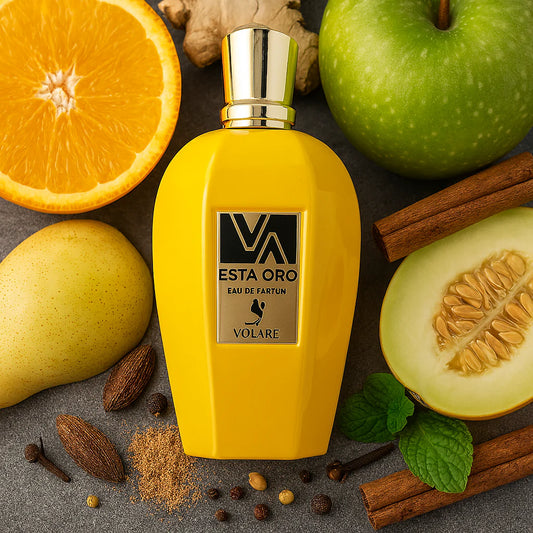 VOLARE ESTA ORO 100ML-Gemello di Erba Gold-Cytryna sycylijska, Pomarańcza, Imbir, Bergamot z Kalabrii; Goździki, Melon, Kardamon, Cynamon, Gruszka i Zielone Jabłko.