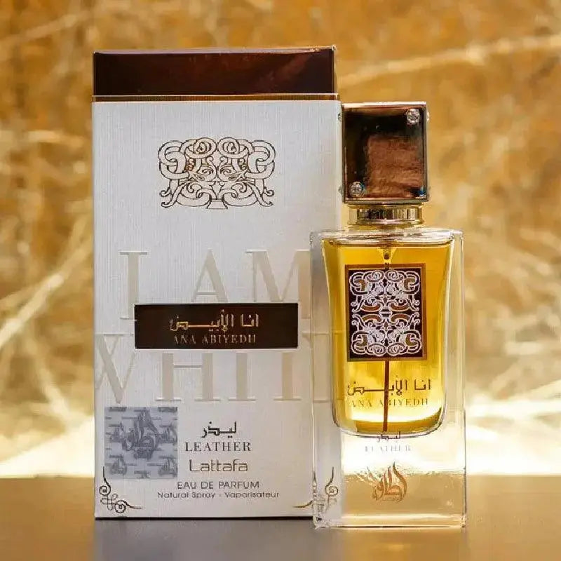 PROFUMO ARABO ANA ABIYEDH LEATHER LATTAFA Bacche di Ginepro, Cardamomo, Pepe Rosa e Lampone; Iris, Zenzero e Rosa; Cuoio, Muschio Bianco e Ambra.