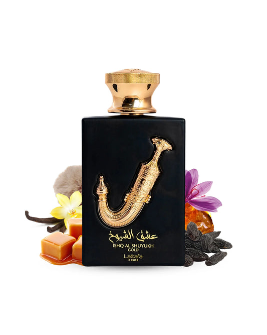 PROFUMO ARABO ISHQ AL SHUYUKH GOLD LATTAFA PRIDE Caramello e Zafferano; le note di cuore sono Pelle Scamosciata, Cuoio e Fava Tonka; le note di base sono Vaniglia, Ambra e Muschio.