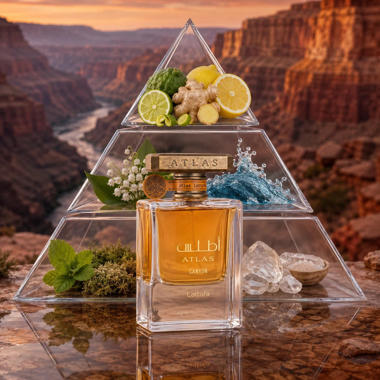 ATLAS CANYON LATTAFA-Bergamotto, zenzero, limone, Mughetto, note marine,Patchouli, muschio di quercia, ambroxan, muschio.