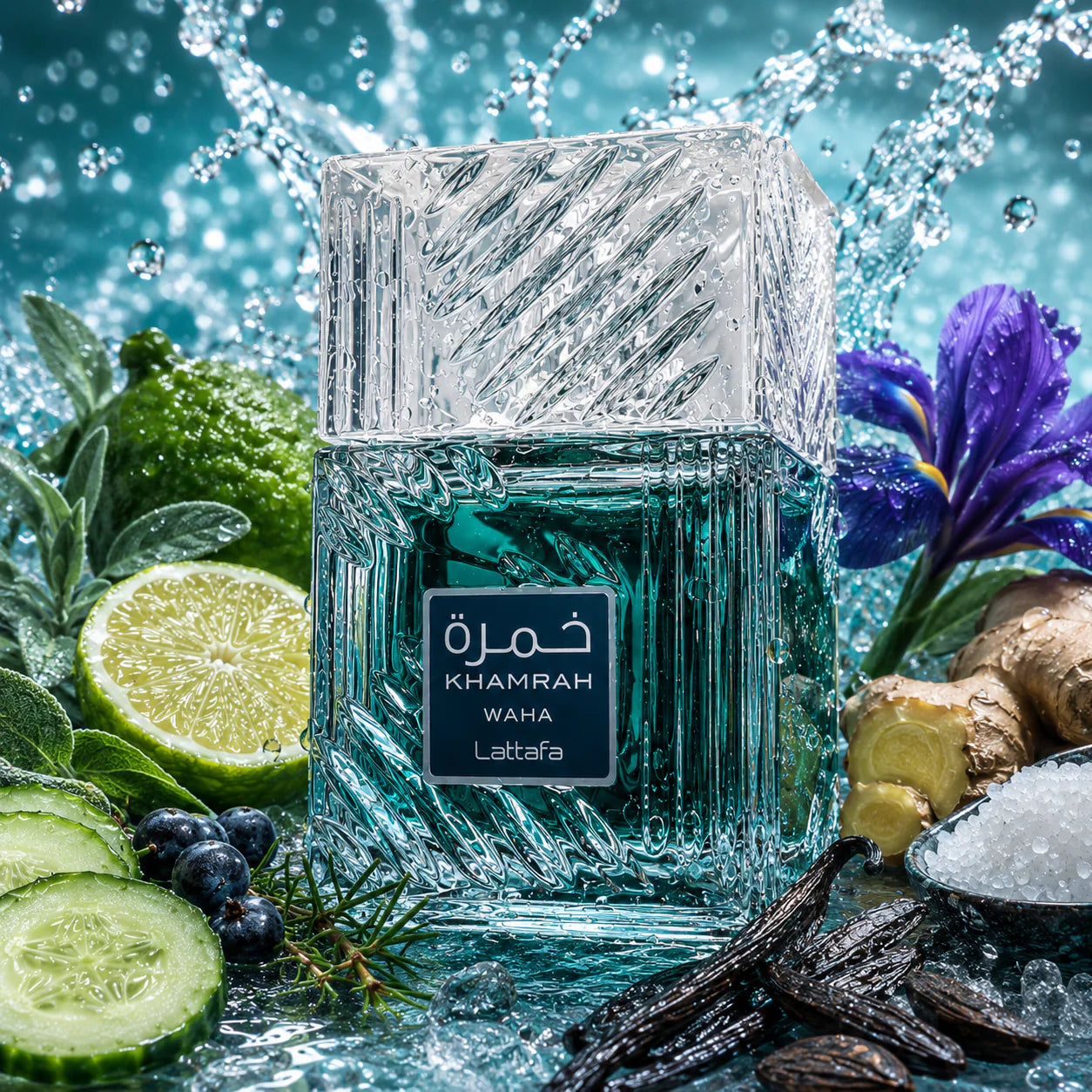 KHAMRAH WAHA LATTAFA- Bergamotto, Ginepro, Zenzero e Yuzu; Cetriolo, Sale Marino, Salvia e Iris; Ambrofix™, Vaniglia, Akigalawood, Muschio e Fava Tonka.