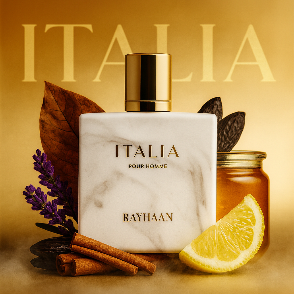 PROFUMO ARABO ITALIA RAYHAAN  Lavanda, Limone e Bergamotto; Miele, Cannella, Cashmeran e Gelsomino; Vaniglia, Foglia di Tabacco e Fava Tonka.