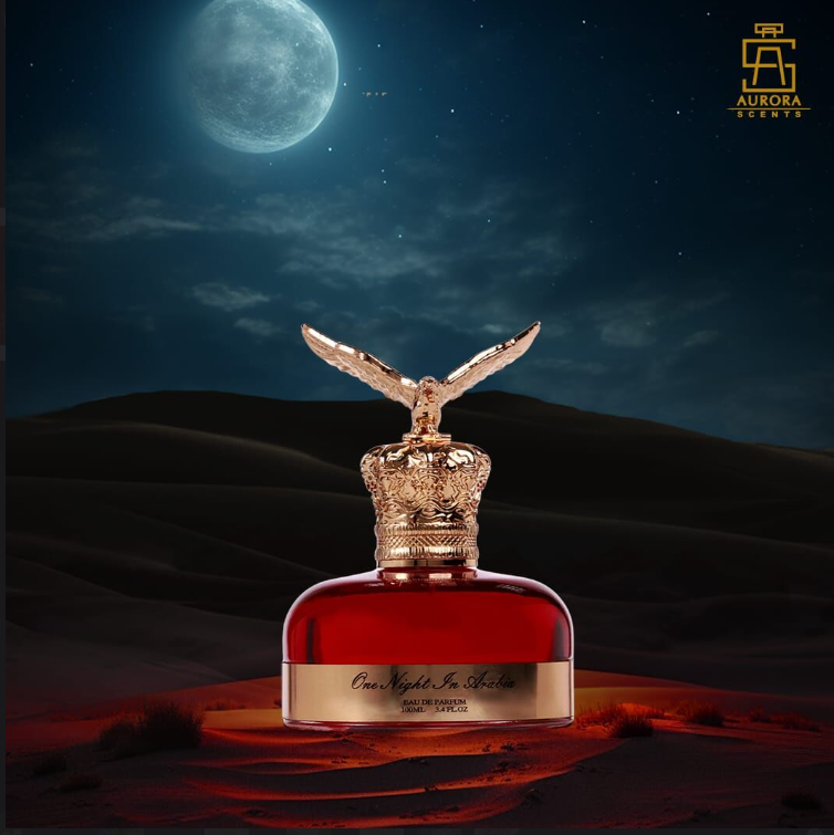 ONE NIGHT IN ARABIA AURORA SCENTS 100ML-Fragola, Ananas, Mandarino, Cocco, Arancia, Pesca, Melone, Limone, Mela, Pera e Prugna;Mughetto, Foglie di Violetta, Gardenia, Gelsomino, Fresia, Iris e Rosa;Sandalo, Muschio Bianco, Vaniglia e Ambra.