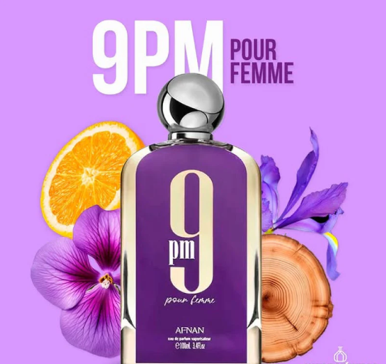 AFNAN 9 PM POUR FEMME EDP 100ML- Malina, Fiołek, Jabłko i Pomarańcza;Róża, Irys, Piękność i Jaśmin;Sosna, Cyprys, Bursztyn i Drewno cedrowe.