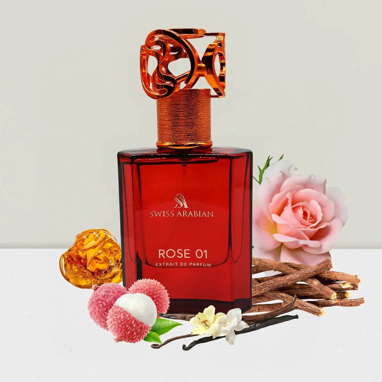 ARABSKI PERFUM ROSE 01 SWISS ARABIAN - Litchi, Bergamotka i Pieprz Różowy; Róża Bułgarska, Piwonia i Gałka Muszkatołowa; Piżmo, Wanilia i Cashmeran.