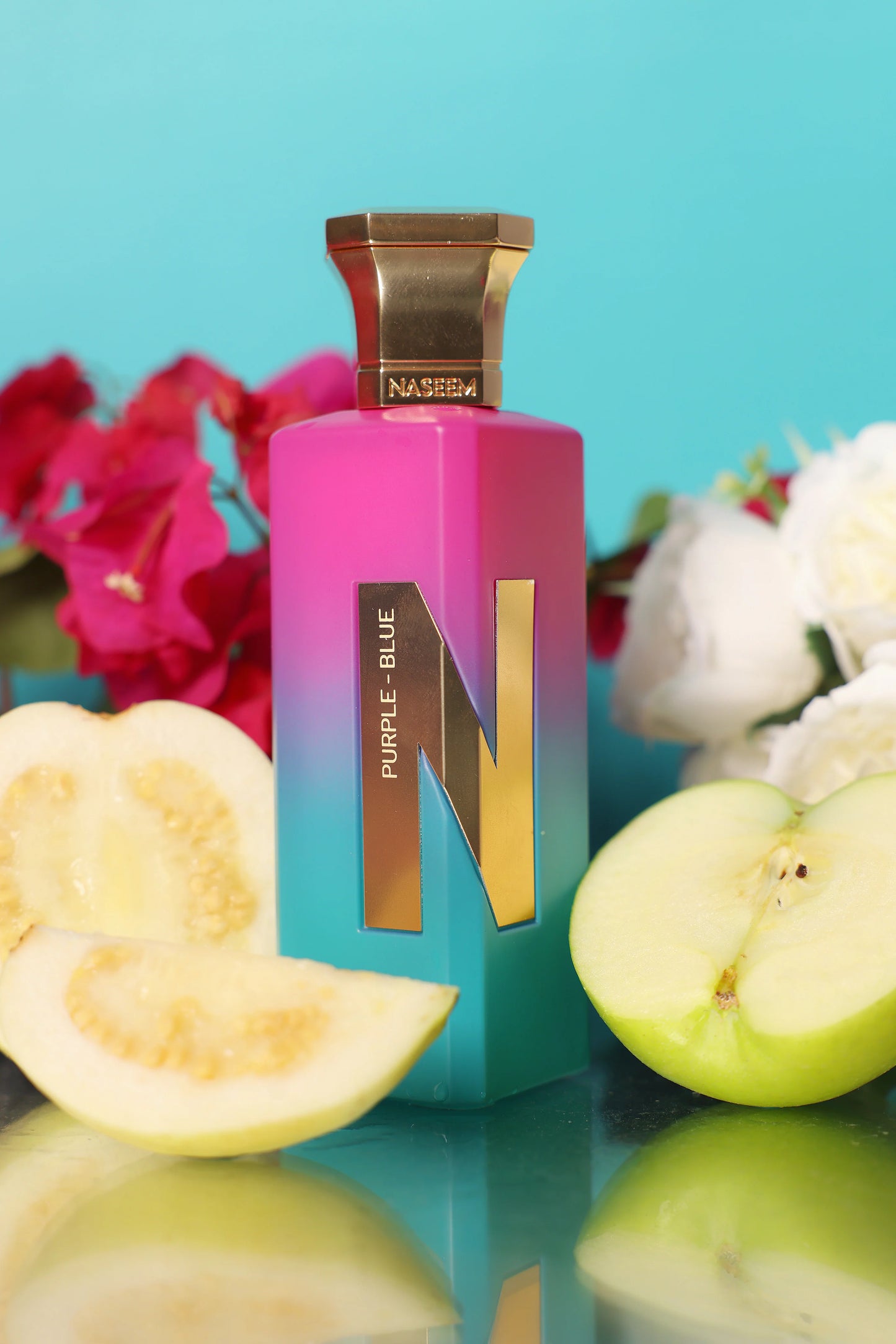 Naseem Purpurowo-Niebieski Aqua Perfumy Bezalkoholowe 75ML - Gruszka, Tropikalne Owoce i Zielone Jabłko; Słodycze, Frezja i Jaśmin; Biały Piżmo, Paczula i Fava Tonka