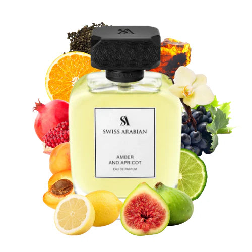 ARABSKI PERFUM AMBER AND APRICOT SWISS ARABIAN-Pomarańcza, Bergamotka i Cytryna; Morela, Winogrona, Figa i Granat; Bursztyn, Piżmo i Wanilia.