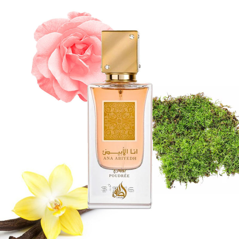 PROFUMO ARABO ANA ABIYEDH POUDREE LATTAFA Fiore d'Arancio, Gelsomino e Rosa; Muschio; Vaniglia, Fava Tonka, Legno di Cedro, Vetiver e Patchouli.
