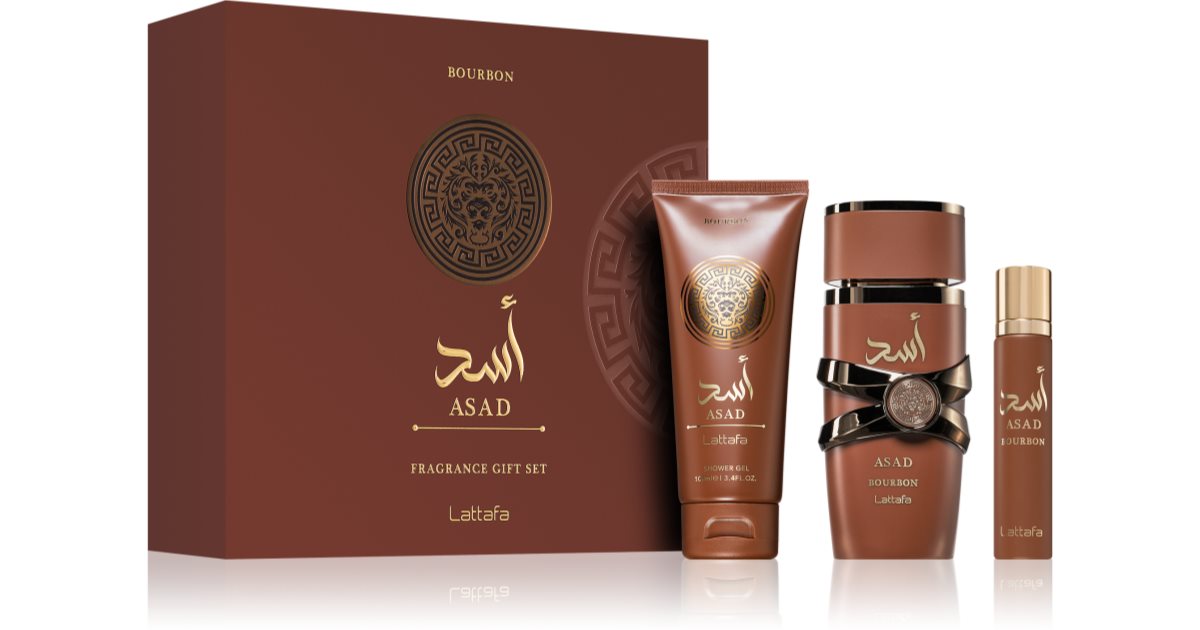 GIFT SET LATTAFA ASAD BOURBON 3 PEZZI-Lavanda, Mirabella e Pepe Rosa; Cacao, Noce Moscata e Davana;Vaniglia Bourbon, Ambra e Vetiver.
