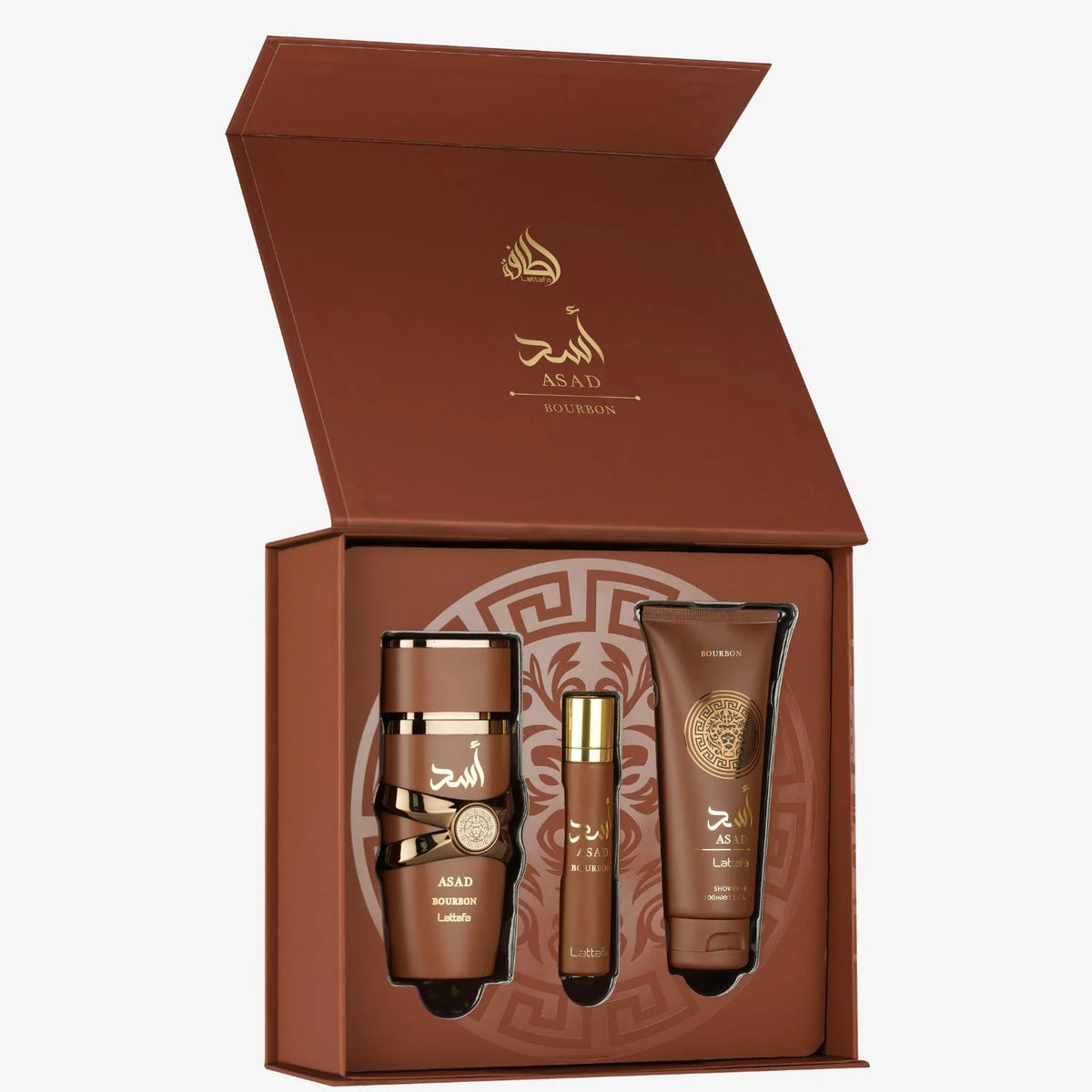 GIFT SET LATTAFA ASAD BOURBON 3 PEZZI-Lavanda, Mirabella e Pepe Rosa; Cacao, Noce Moscata e Davana;Vaniglia Bourbon, Ambra e Vetiver.