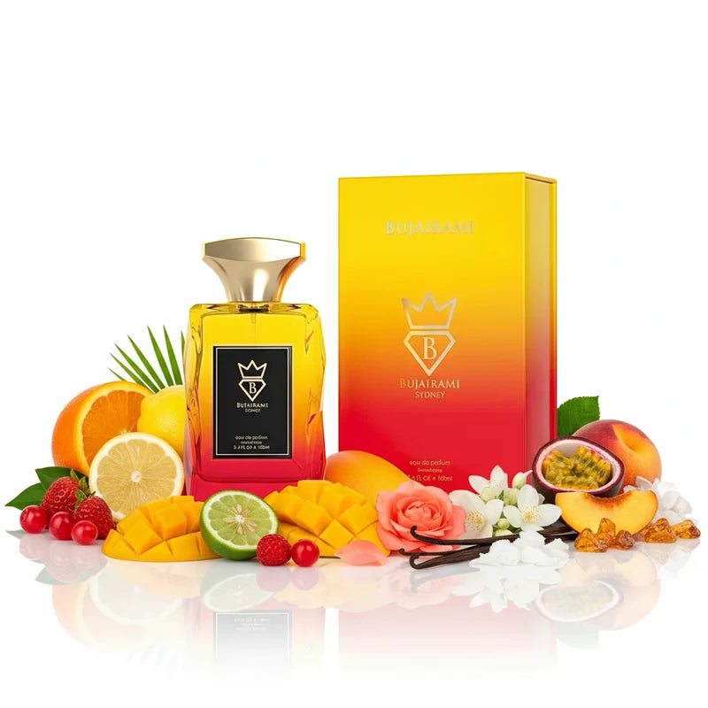BUJAIRAMI CITY LIFE EDP 100ML-gemello di "la capitale"-Fragola, caramello, pesca e labdano,cuoio, zafferano, ambra, zenzero e rosa,vaniglia Bourbon e resina di benzoino